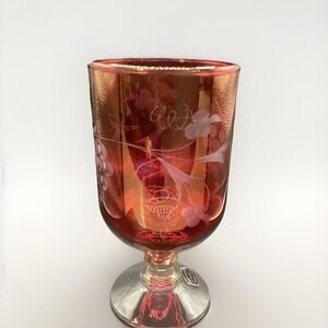 Vtg Bohemian Mountaineer Hand Cut Glass Crystal Ruby Red Goblet 6" x 3"